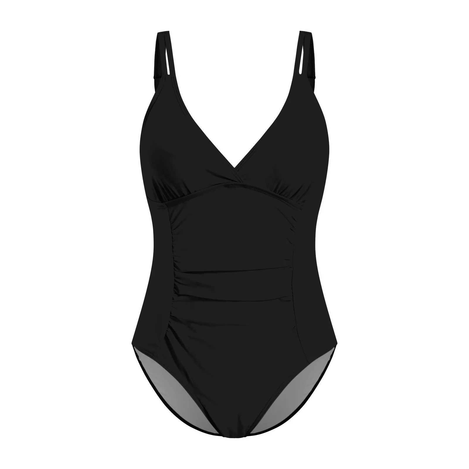 Women Sexy One Swimsuit Fashion Ruched V Neck Swimsuits Solid Color Bikini For Beachwear Summer Swimming Bathing SuitXJ250315
