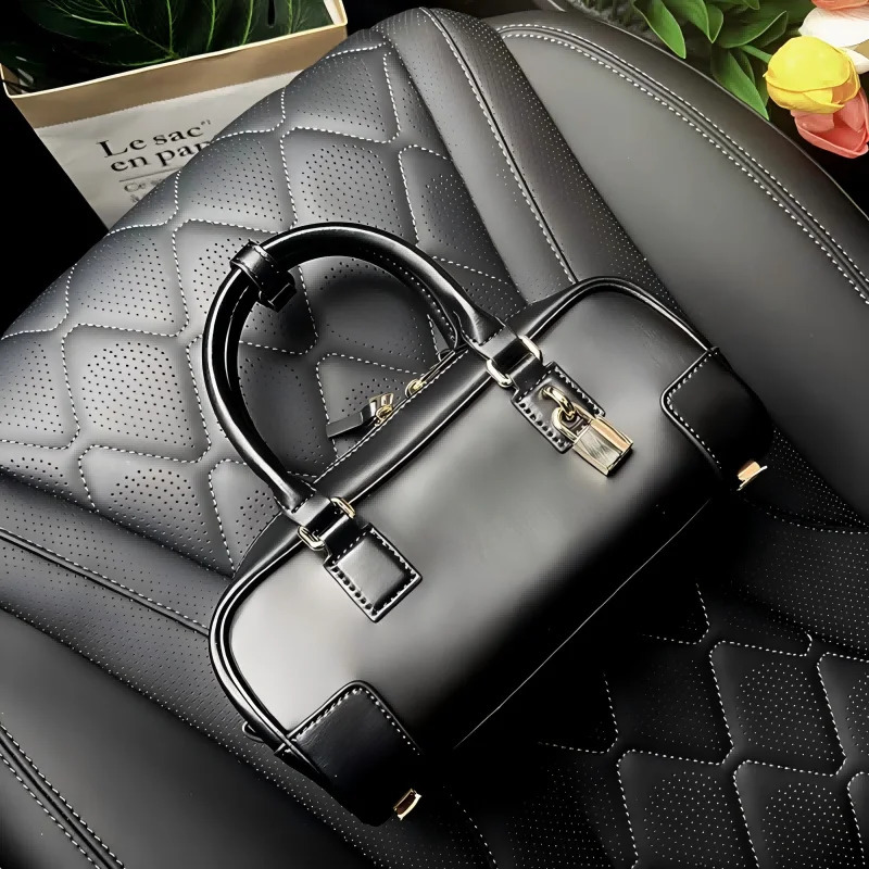 Genuine Leather Bag Womens Locker Messenger Bag Matte Cowhide Boston Handbag Versatile Long Shoulder Strap Shoulder Bag 250314