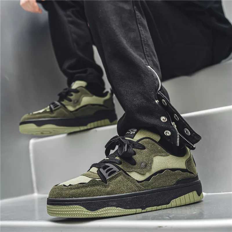 Mens Skateboarding Shoes Autumn Korean Edition Trend Casual Sports Shoes Army Green Lace Canvas Shoes Fashion Sports Shoes Y250315