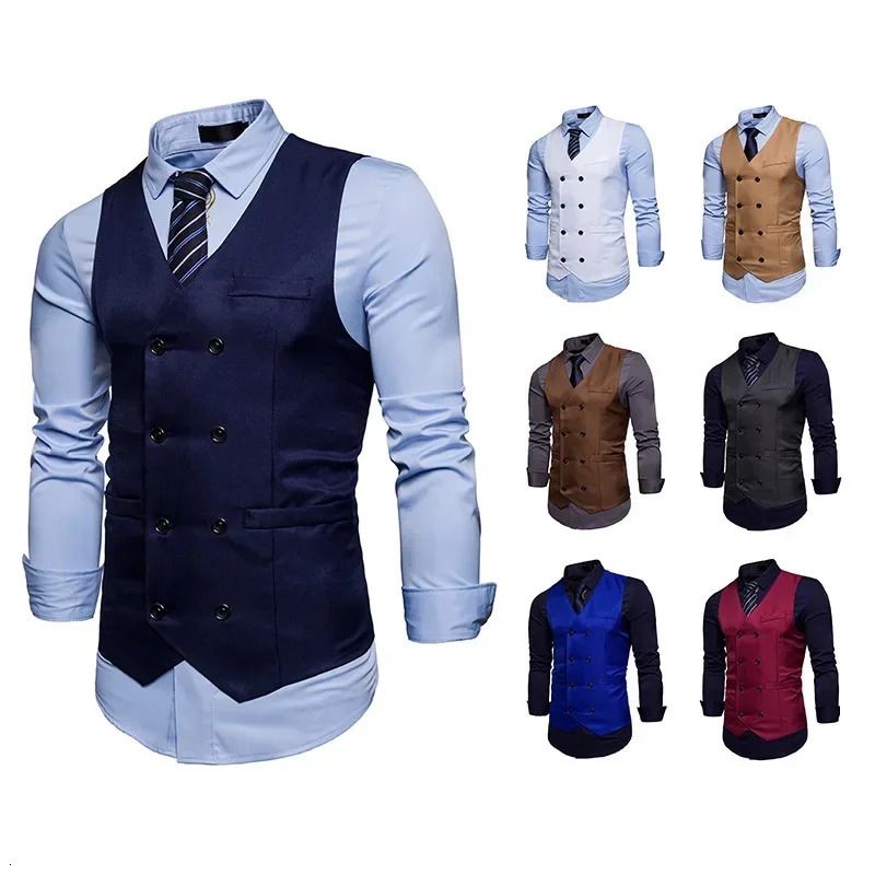 Summer Mens Double Breasted Blazer Casual Vest Khaki Waistcoat Men Sleeveless Suit Vest Male Plus Size Vintage Top 250310