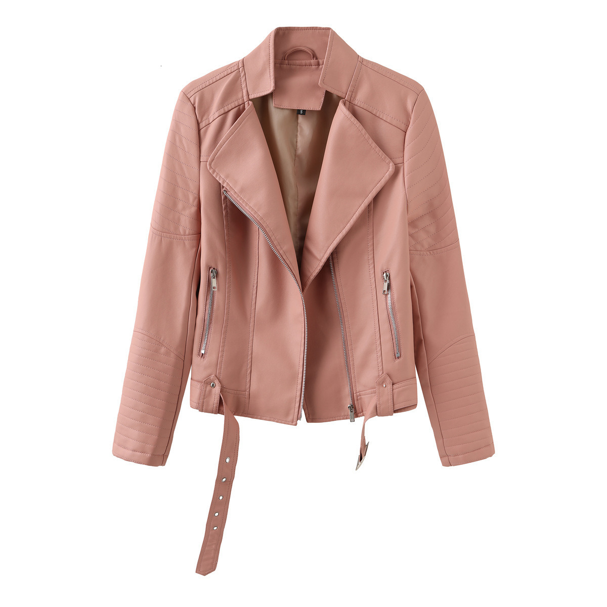 Fashion Street Trendy Leather Jacket with Belt Long Sleeved Spring and Autumn Thin Womens Jacket V-neck Pu Jacket