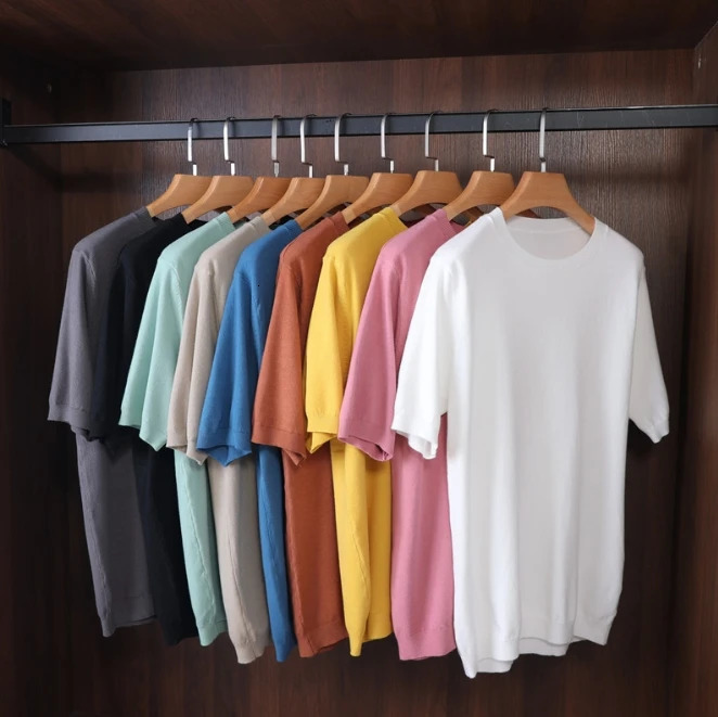 Mens ultra-fine Merino wool T-shirt knitted O-neck breathable thin cashmere short sleeved T-shirt solid color knitted jumper top 250314