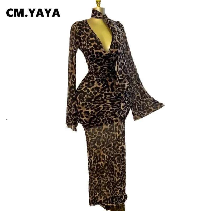 Cm.Yaya Women Full Sleeve Pile Collar Leopard Print Long Maxi Dress Holiday Beach Birthday Evening Sexy Party Dresses Vestidos