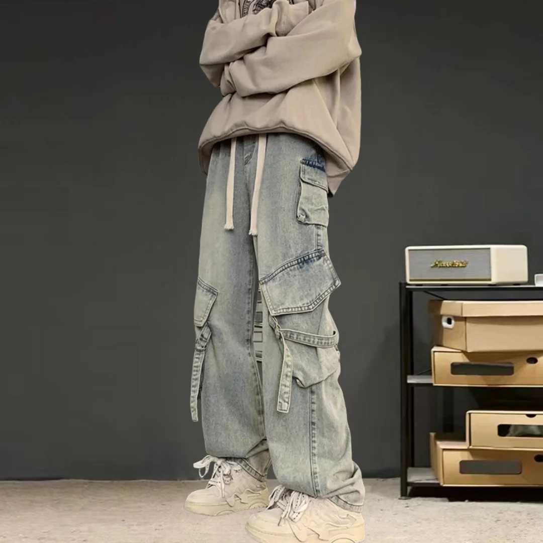 Y2K American street hip-hop personalized mens and womens workwear drawstring jeans 2024 summer new trend loose casual pantsT250319
