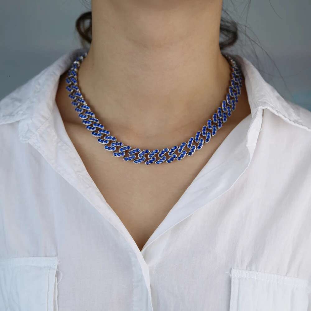 12mm Miami cuban k chain choker micro pave purple blue cz hip hop women necklace 16" 18"