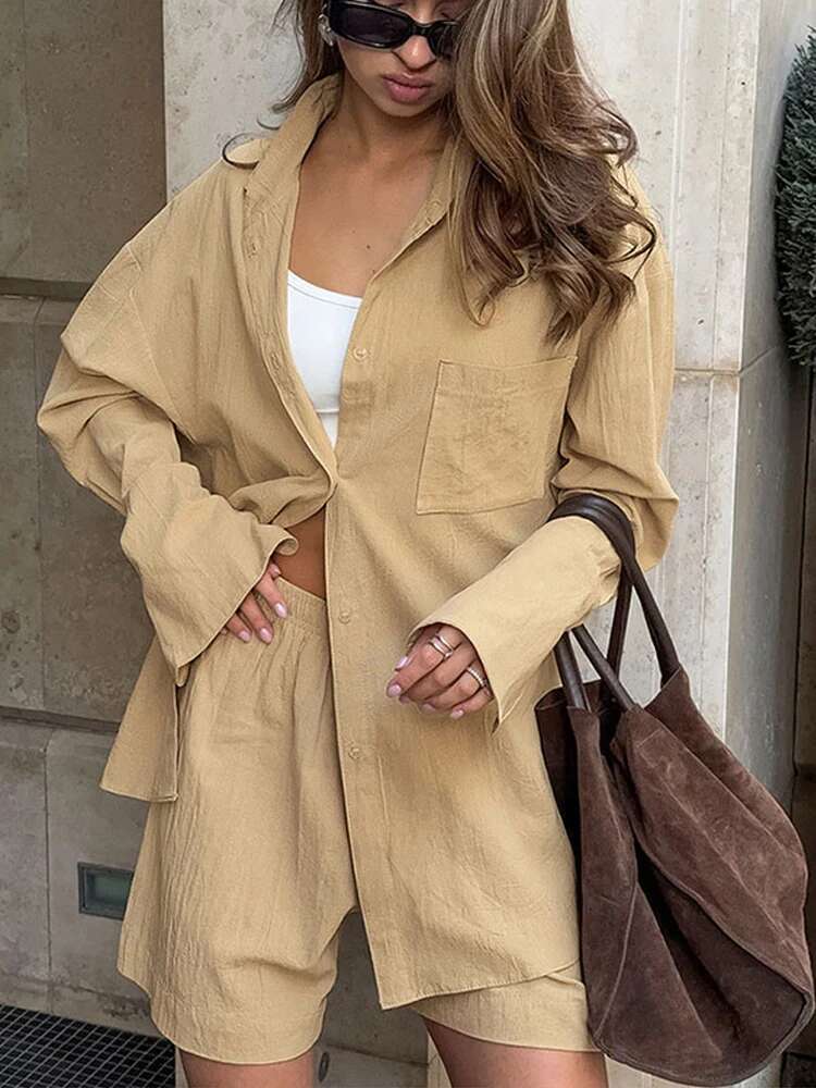 Women Cotton Suit Laple Single Breasted Full Sleeve Shirt High Waist Wide Leg Shorts Female Set 2025 Sping Lady Outerwear