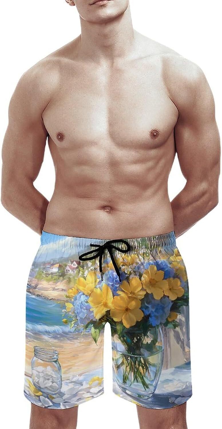 Seaside Bouquet Hydrangea Flowers Beach Shorts for Men Swim Trunks Quick Dry Bathing Suit Drawstring Hawaiian Short cool
