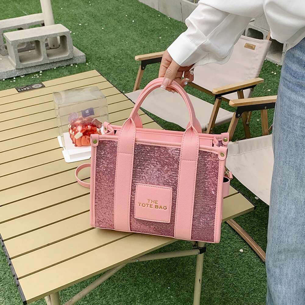 2025 new women's party bag PU leather glitter upper handle bag designer casual fashion shiny portable adjustable strap shopping handbag1