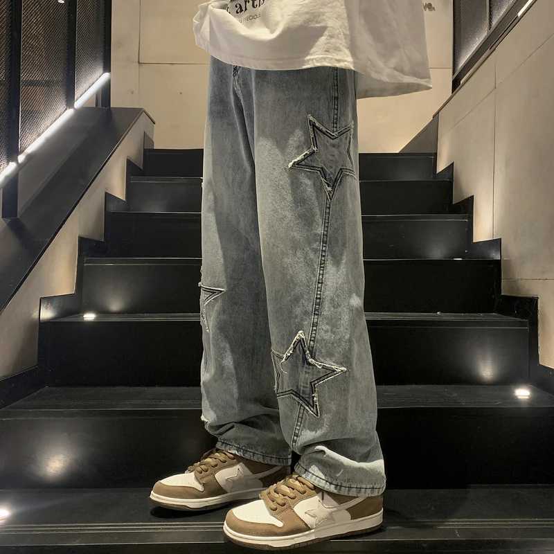 Star Embroidery Straight Casual Men Jeans Gothic Neutral New Wide Leg Loose Hip-hop Fashion Youth Streetwear Denim Trousers Y2KT250319