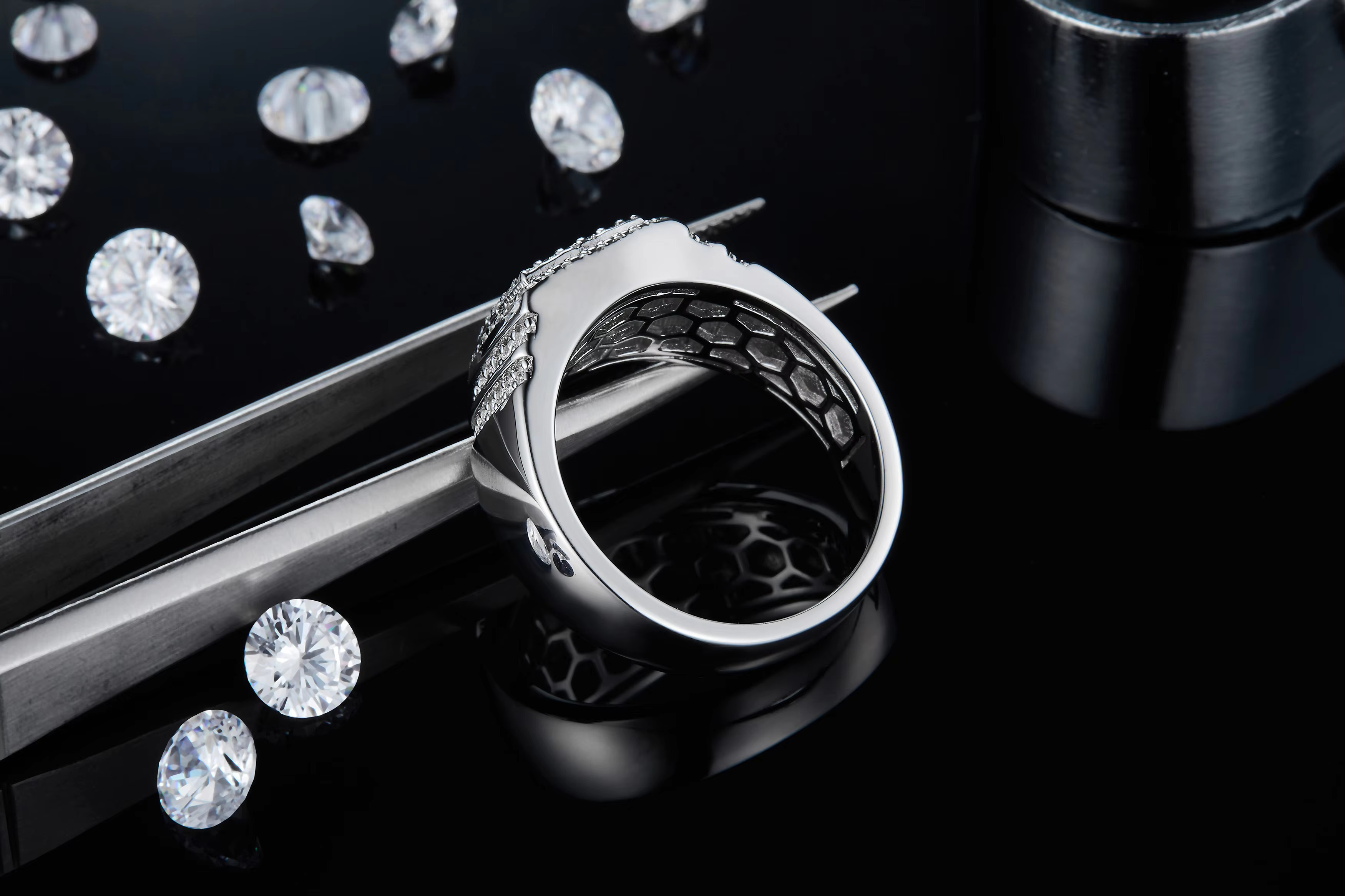 Moissanite Hip Hop Mens Thick Solid 925 Sterling Silver Ring with White Gold Plating