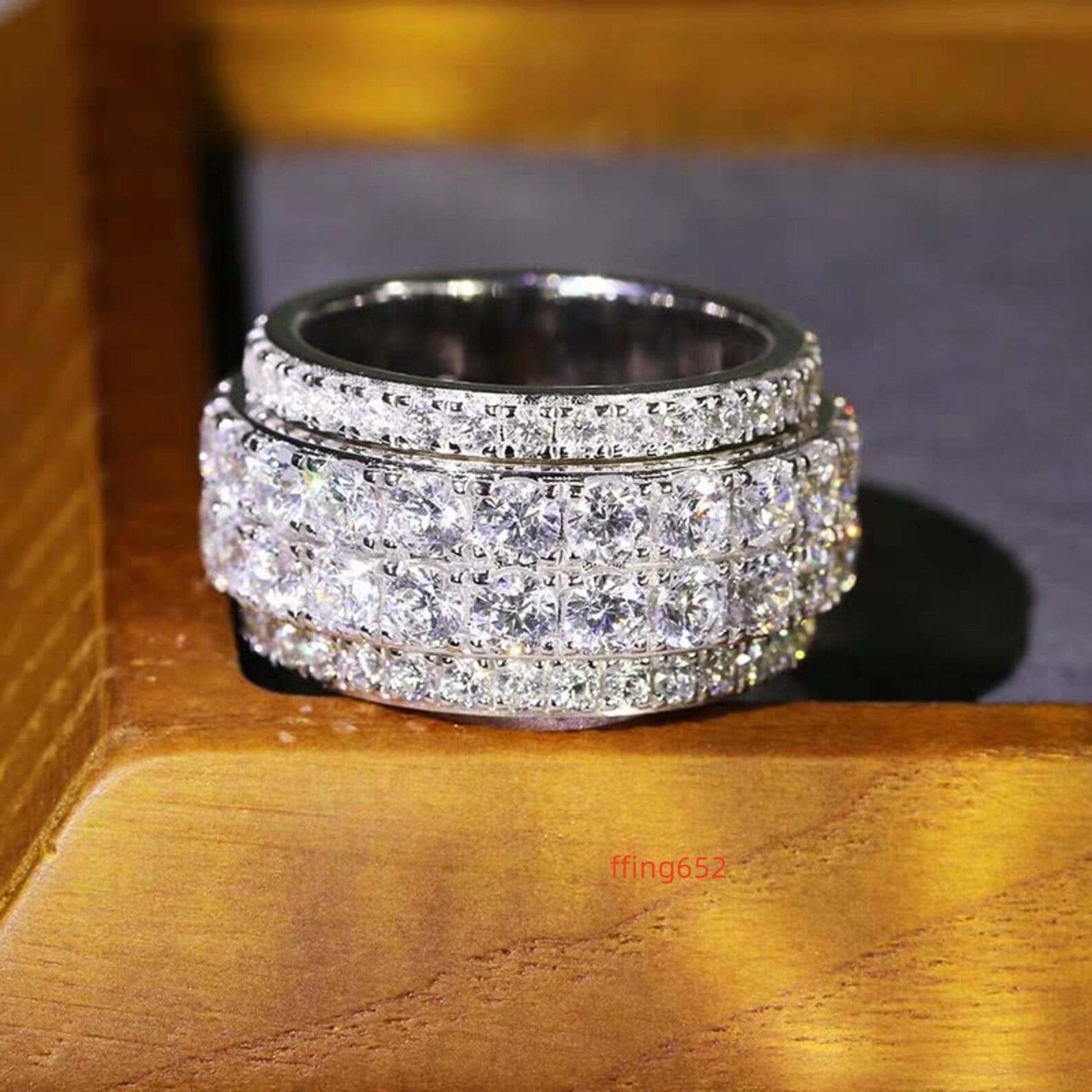 18k White Gold S925 Wide Spinning Brilliant 4 Band Moissanite Genuine Real Ring for Unisex Occasional Fashion Statement