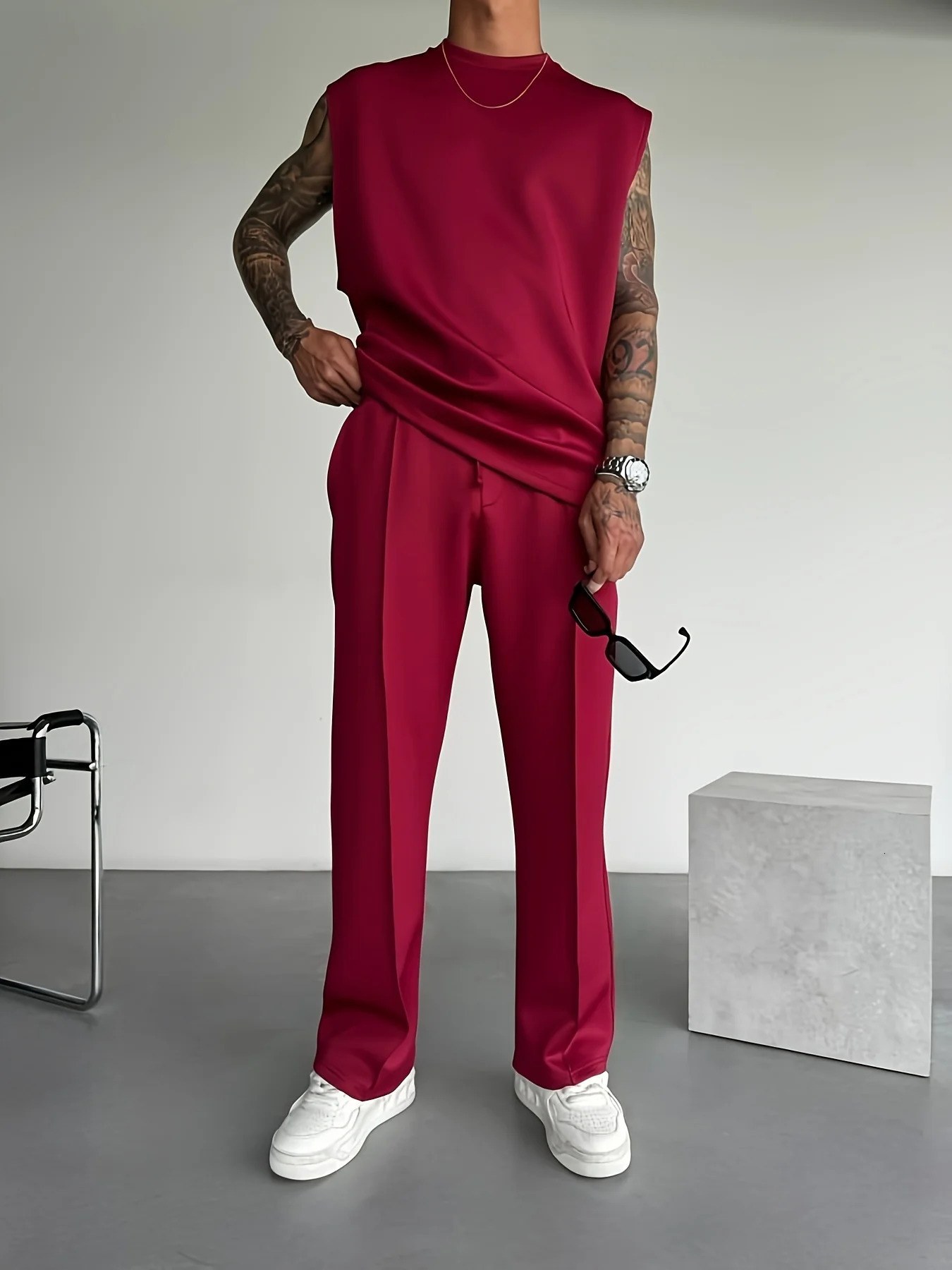 2025 Summer mens sports fashion casual pants vest set loose sleeveless T-shirt solid color set 250310