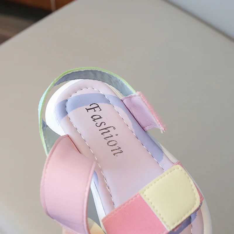 Girls sports sandals mixed color decoration soft bottom anti slip pink comfortable Velcro PU upper open fashion childrens shoesT250315