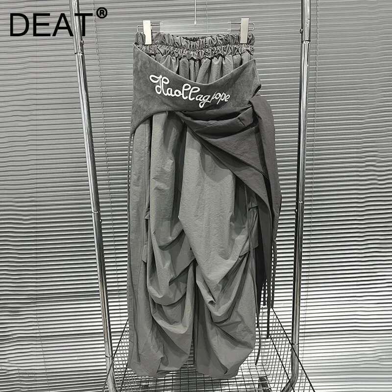 DEAT Fashion Women's Letter Printed Bandage Design Casual Pants High Elastic Waist Wide Leg Trousers Female Trendy 11A03415