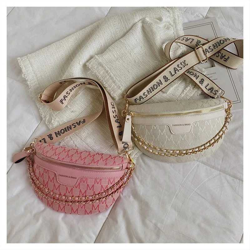 Fashionable Pattern Fanny Packs for Women Fashionable Letter Printed Chain Waist Bag Womens Waist Bag Wide Shoulder Strap Cross Body Bag Y250315