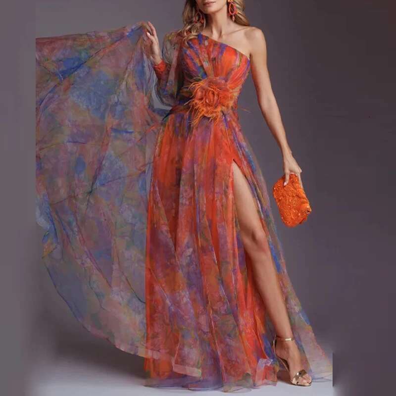 Women Elegant Split Hollow Party Fashion Contrast Print Mesh Maxi Sexy One Shoulder Sleeve Irregular Long Dress