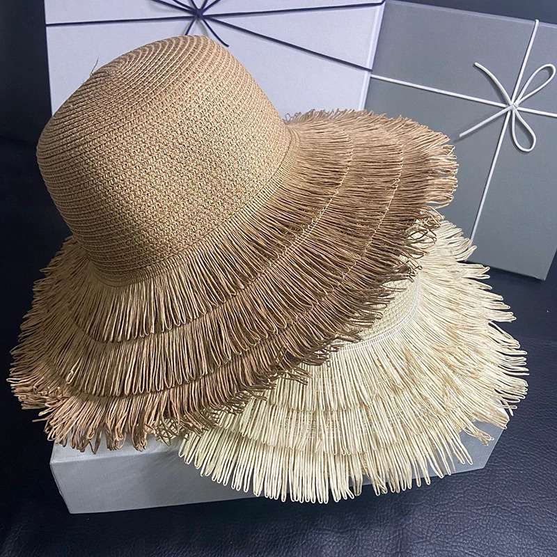 Fashion Wide Brim Womens Dome Tassel Straw Hat Sun Hat Beach Hat Sun Protection Jazz Hat Bucket Hat 250314