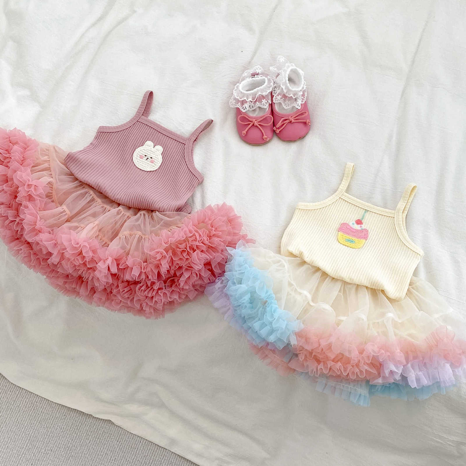 Girl's Dresses Ins summer girl baby half skirt set cute little camisole top+mesh fluffy cake skirt two-piece set