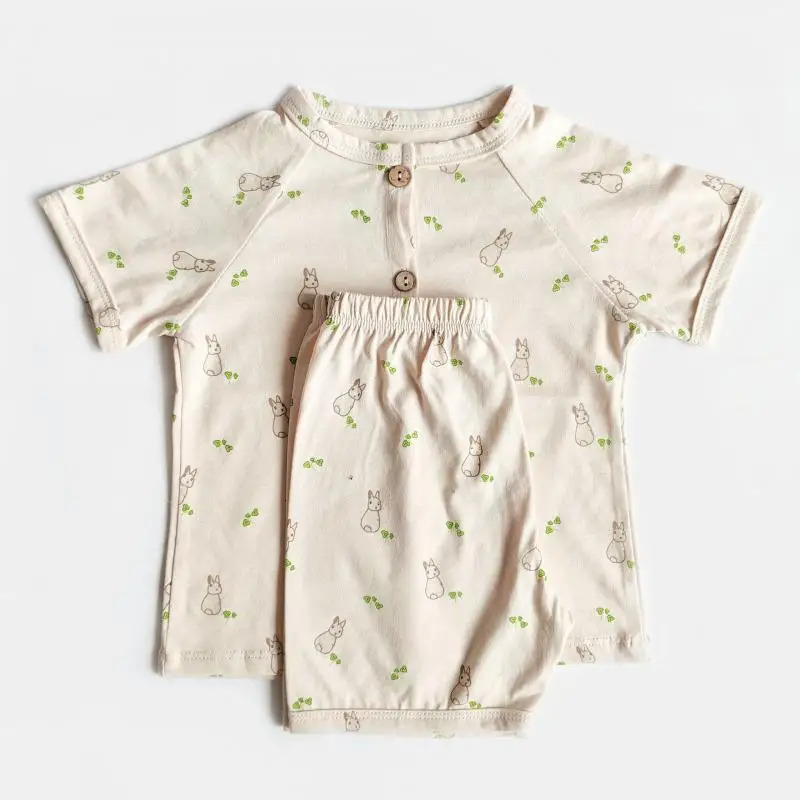 Childrens Cute Cartoon Printed Baby Pajama Set Korean Simple Neutral Summer Girls Pajama 250314