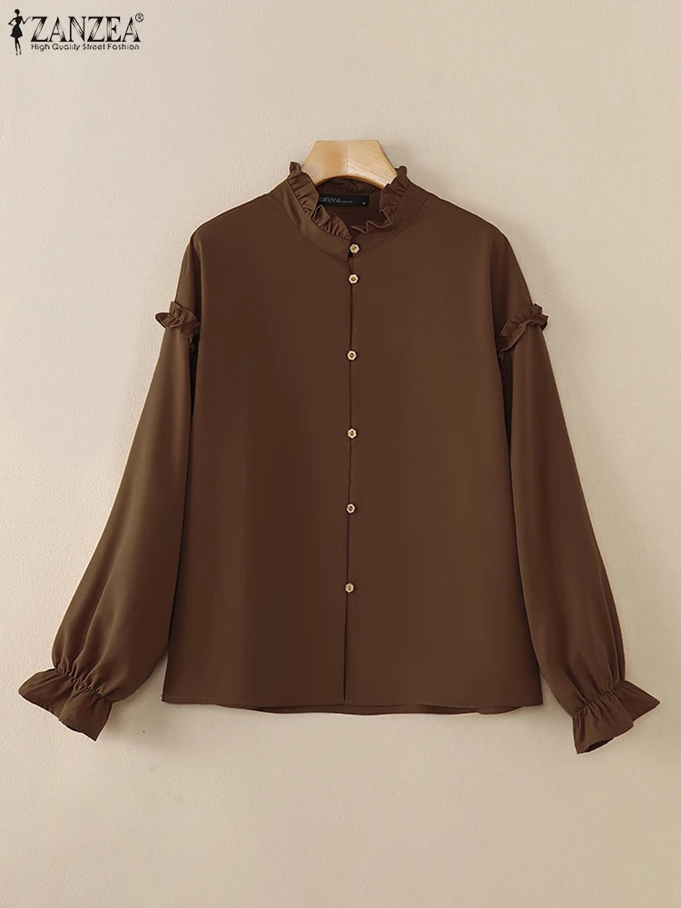 ZANZEA 2025 Spring Lantern Sleeves Shirts Elegant Ruffle Collar Solid Long Sleeve Chemise Femme Casual Button Up Women Blouses 250310