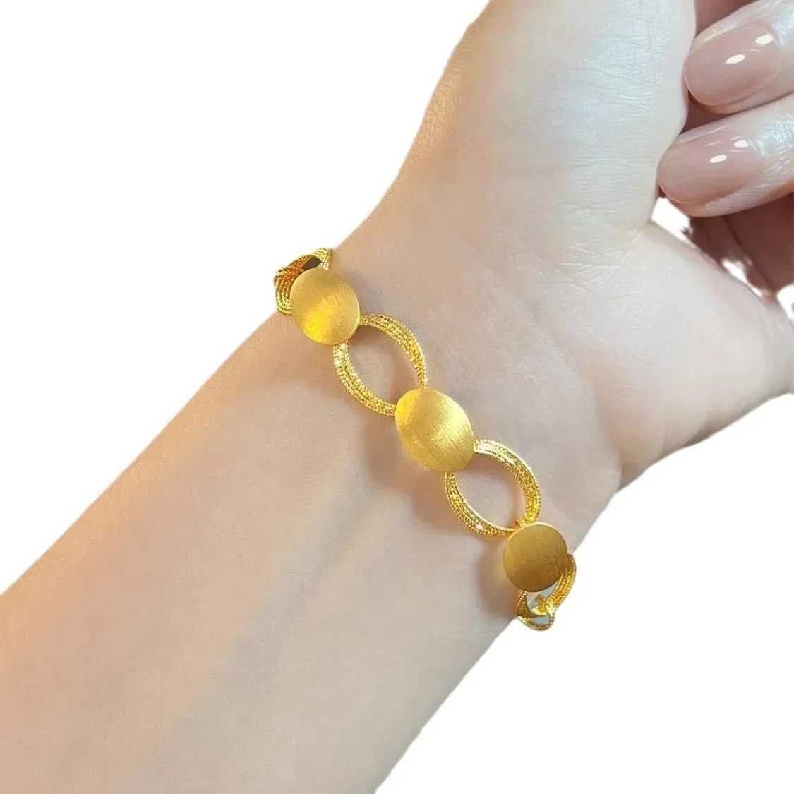 24K yellow gold 9999 real gold Retro light and shadow silk halo brushed craftsmanship interlocking oval gold necklace braceletXJ250315