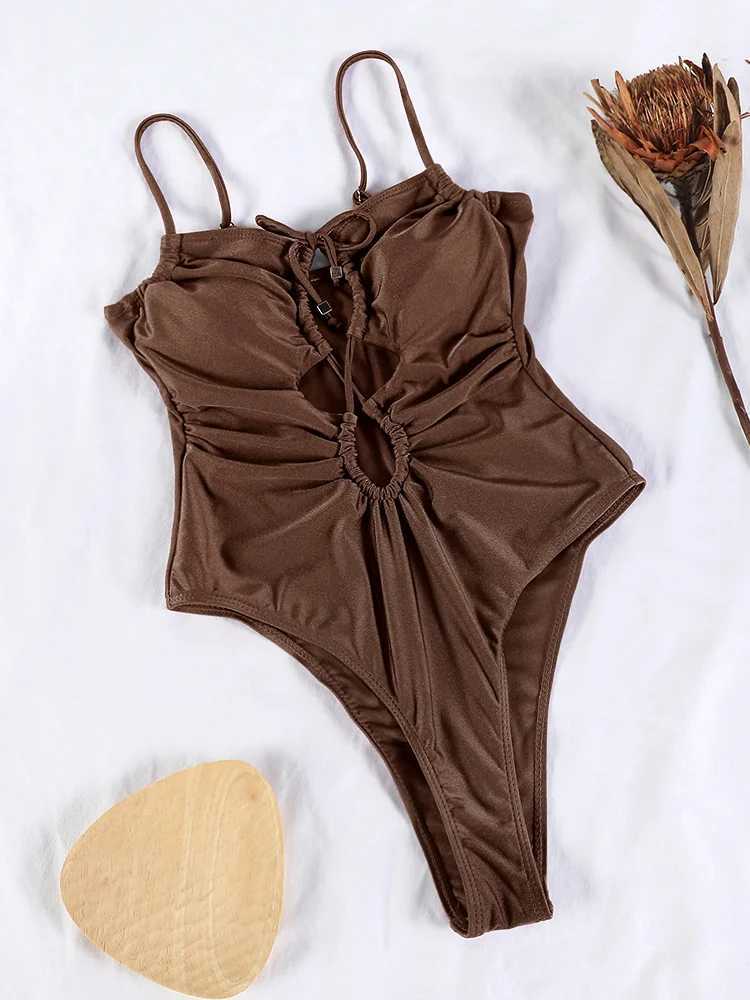 Miyouj hollow swimsuit womens swimsuit new one-piece swimsuit bandage swimsuit solid color swimsuit summer beachwearXJ250315