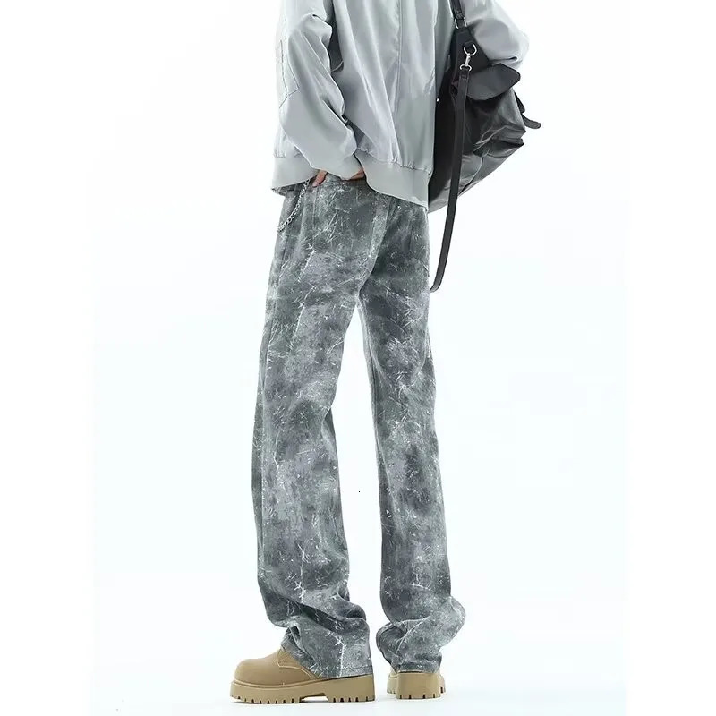 Cyber Y2K Streetwear Tie Dye Grey Slim Jeans Pants For Men 90S Vintage Clothes Straight Hip Hop Long Trousers Mens Clothing 250310