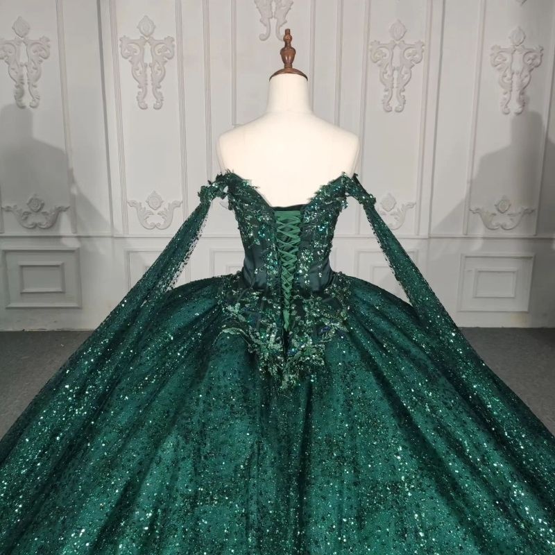 Blackish Green Shiny Off The Shoulder Quinceanera Dress Ball Gown Birthday Party Applique Beaded Tull With Cape Sweet 16 Vestido De 15 Anos