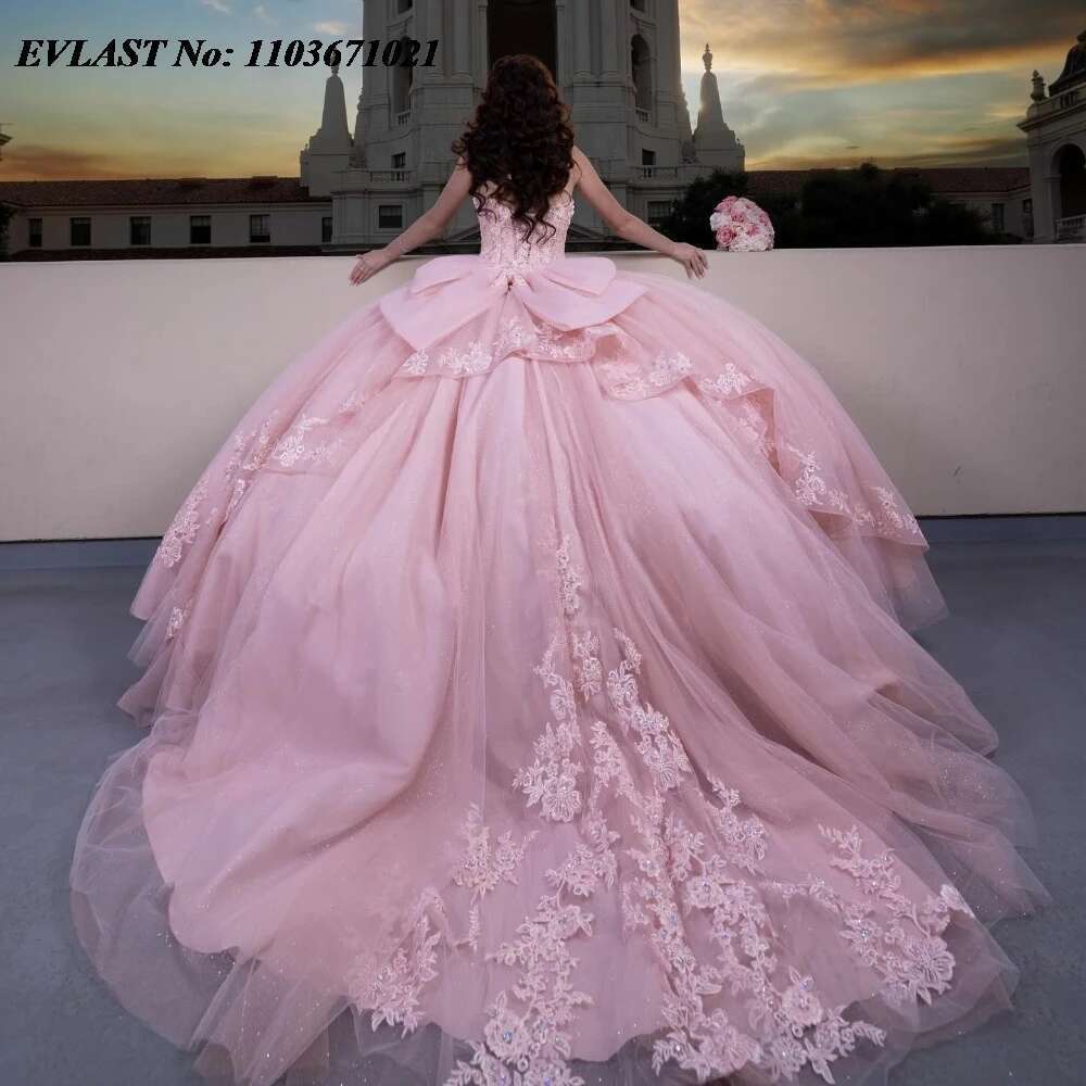 Evolt custom pink ral quinceanera layered ball dress lace appliques beads mexico sweet 16 dresses 15 years sq773