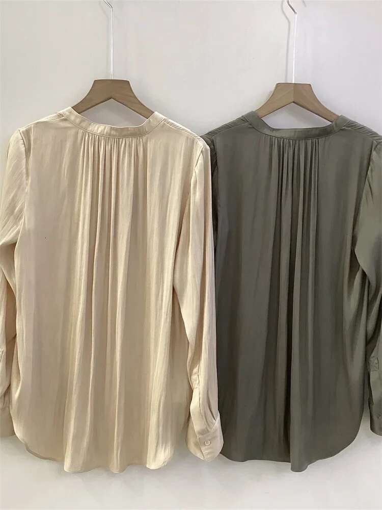 Women Shirt Pleated Irregular Design Style Solid Color V-Neck Simple 2024 Spring Summer Long Sleeve Blouse Top For Female