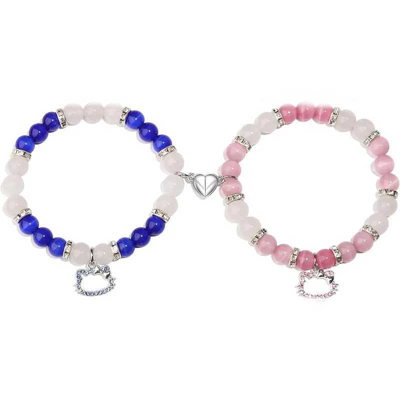 2Pcs/Set Pink Hello Cat Spider Beaded Bracelets for Women Heart Magnetic Matching Couple Bracelets Girls Festival Jewelry GiftsXJ250315