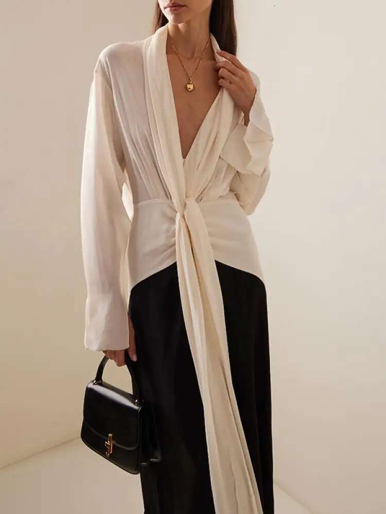 Onecozyday Women Summer Thin Deep V-Neck Long Sleeve Loose Fit Party Dresses Contrast Color Wrap Dress For Urban Female
