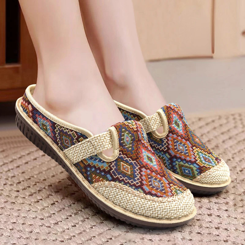 Fashion Womens Shoes Ethnic Style Embroidered Linen Breathable Outdoor Casual Slippers Shoes for Women Zapatos De Mujer 250314