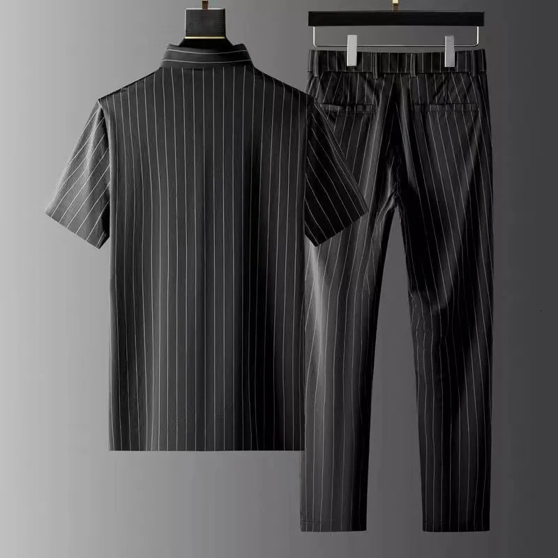 Short-sleeve Thin Stripe Shirt Trousers Two-piece Suit Mens Short Sets Business Casual Outfits Men Summer Clothing 250314