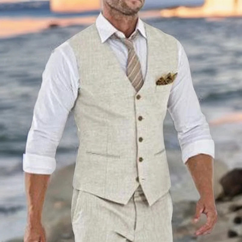 Beige Linen Suit Vest for Men Wedding Summer Beach One Piece Waistcoat V Neck Male Fashion Cost 250310