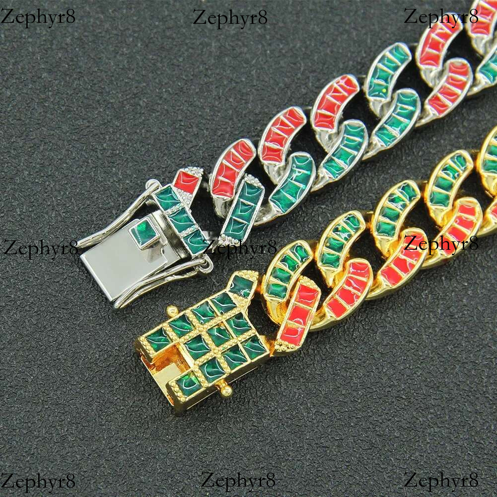 2025 model New Couple Choker Necklace 15mm Green Red Cz Stone Mix Colorful Miami Cuban Prong Chain Hip Hop Jewelry For Gift Butterfly Clasp
