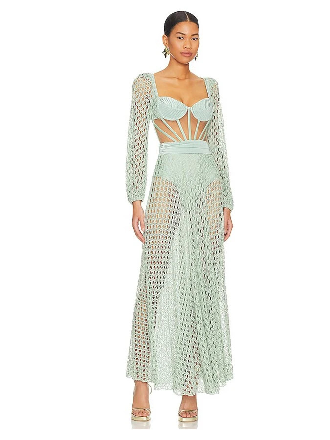 Womens mesh knitted skiing swimsuit set with long sleeved n for beach wear vacation suit sexy jacket 250313