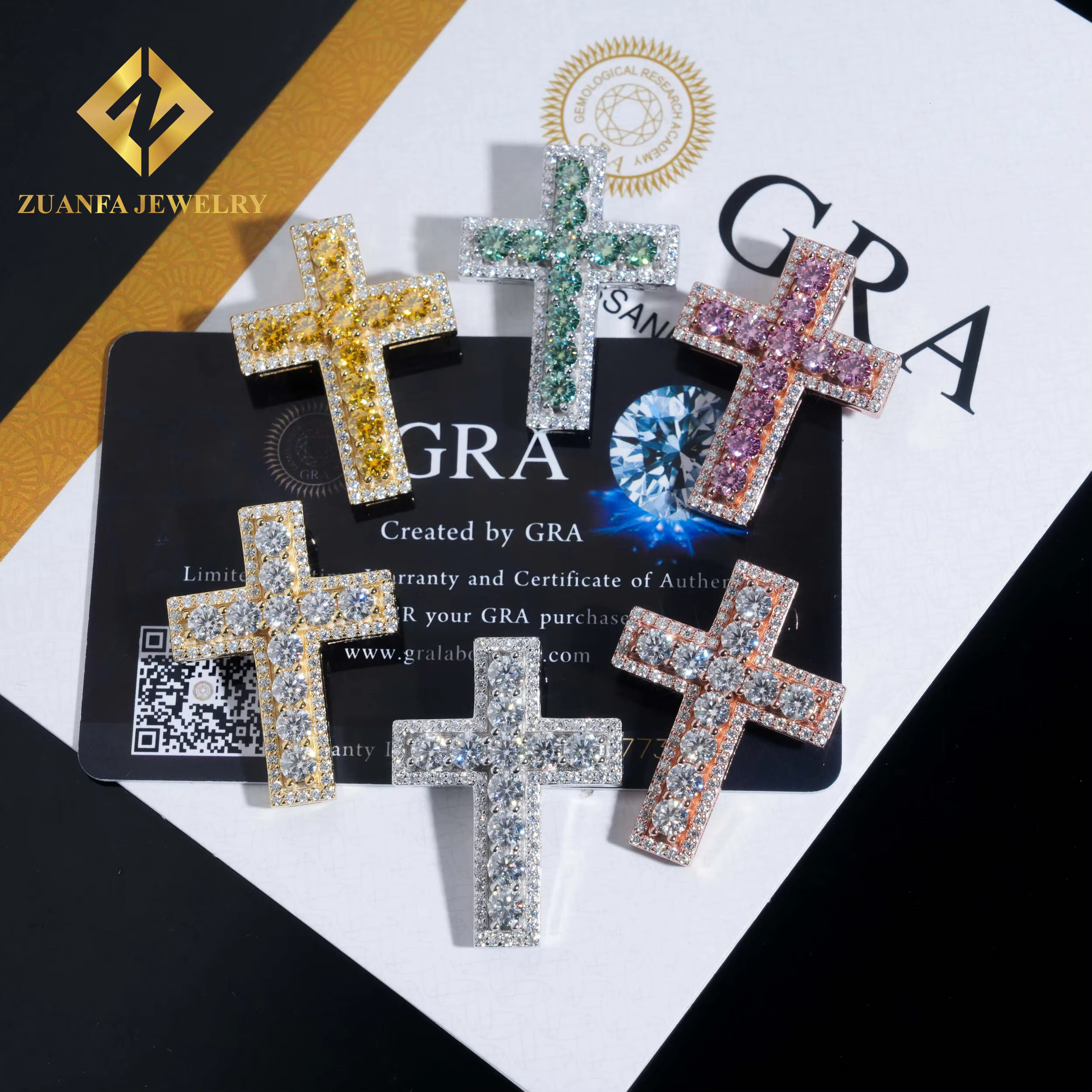 Hot Sale RTS Colorful Moissanite Cross Pendant 925 Sterling Silver Gold Plated Pass Diamond Tester Moissanite Pendant