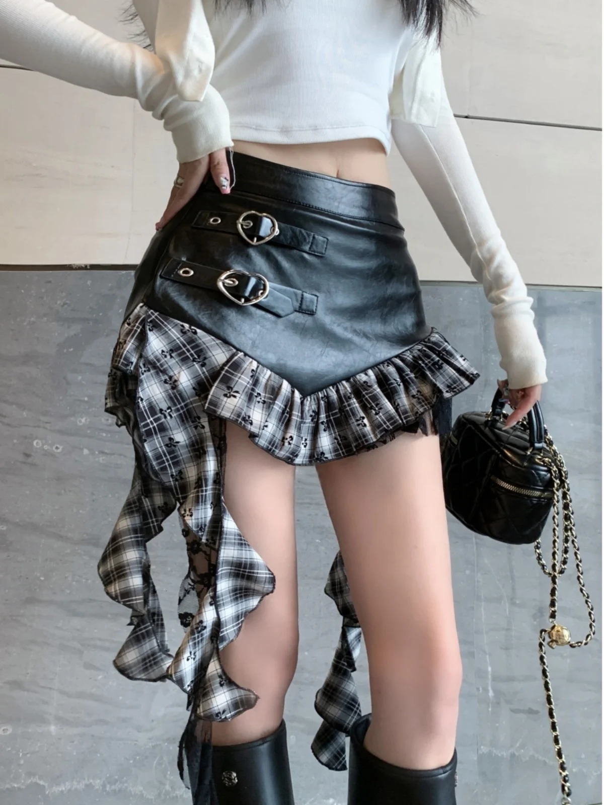 Faux Leather Mini Skirt with Plaid Ruffle Lace Trim HeartShape Buckle Asymmetrical Teengirl egirl Y2k Grunge Outfit 250310