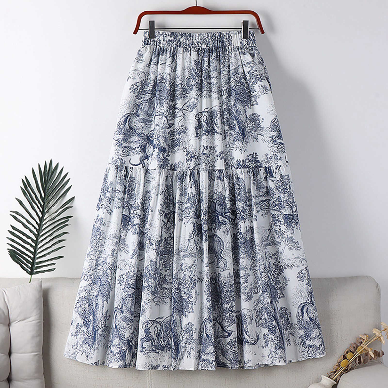 Skirts Sparkly Skirts Womens Spring/Summer Waist Vintage Ink Painting Printed Cotton Leather Medium Length Metal Leather Y2503143AXH