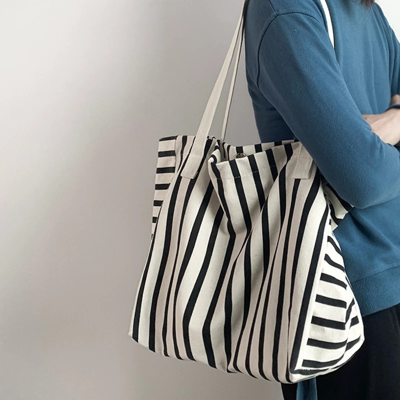 Womens Summer Bag Striped Shoulder Cross Shopping Bag Womens Casual Canvas Handbag 250311
