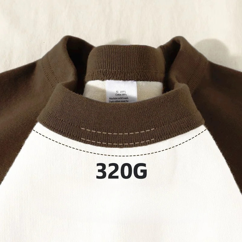 320G Retro Short Sleeve T-shirt High Quality Cotton Contrast Round Neck Short Sleeve T-shirt Womens Raglan Half Sleeve T-shirt 250314