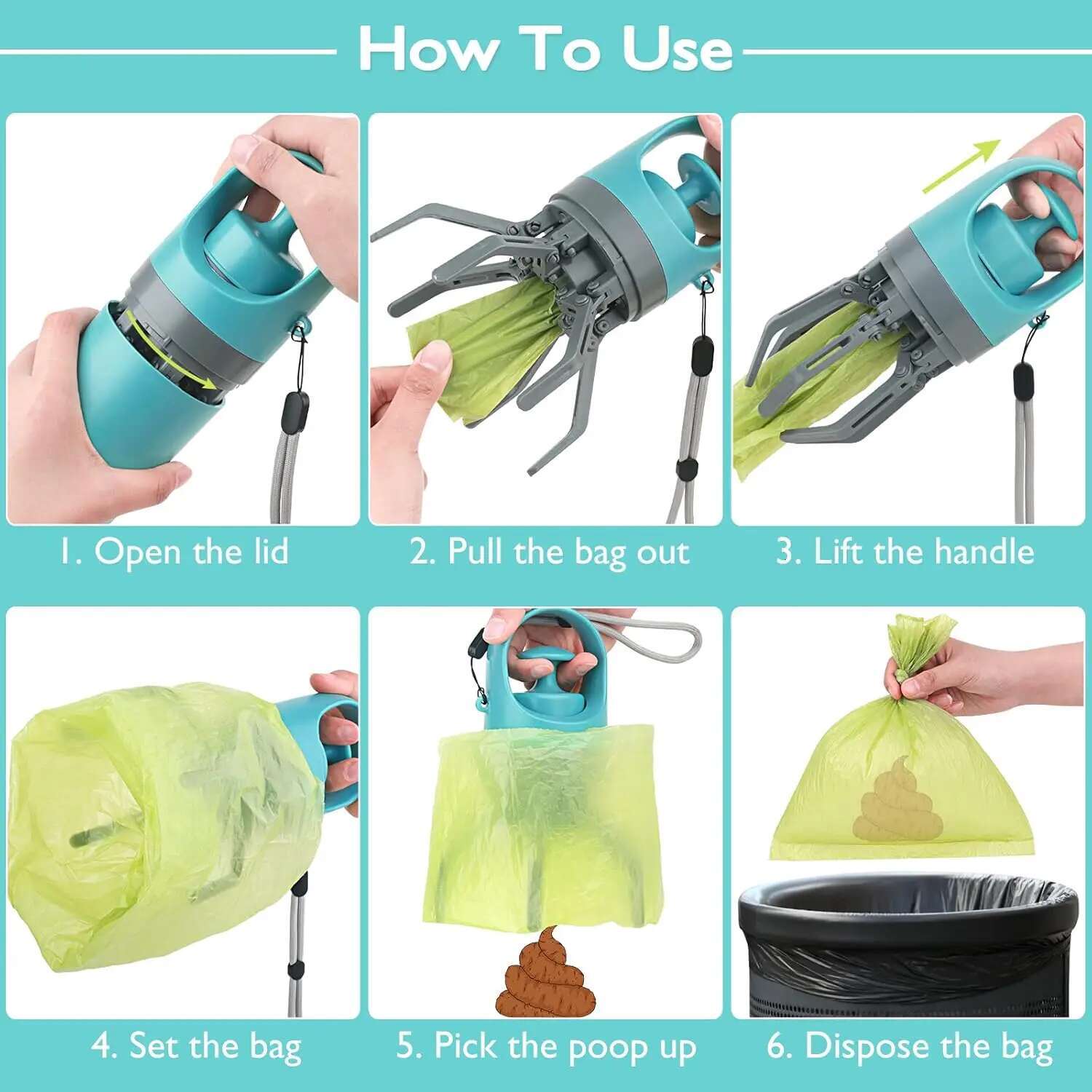 Portable zero -contact pet waste pick shovel for outdoor use Two rolls of EPI photodegradable dog poop bags are included.