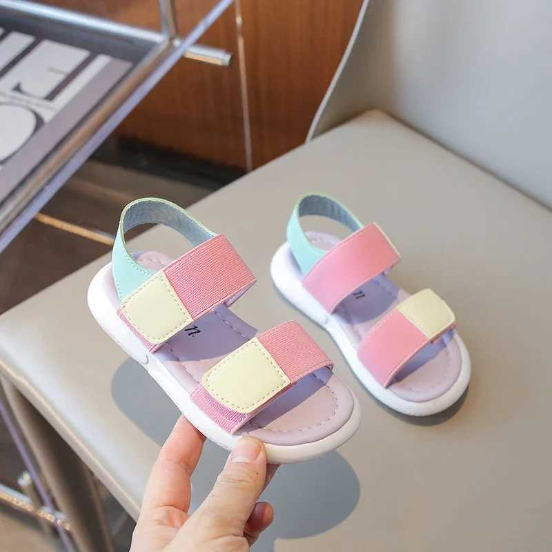 Girls sports sandals mixed color decoration soft bottom anti slip pink comfortable Velcro PU upper open fashion childrens shoesT250315