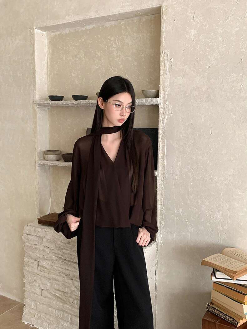 CHEERART Brown Chiffon Blouse Clothing Long Sleeve Top V Neck Ribbon Lady Tops And Blouses Fall Clothes 2024 Women