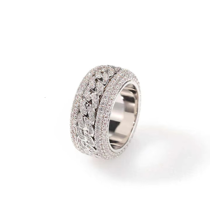 Moissanite Diamond Ring Gold Bling Hip Hop Iced Out Finger Ring Cuban Link Chain 11mm Exaggerated Band Ring for Women Men