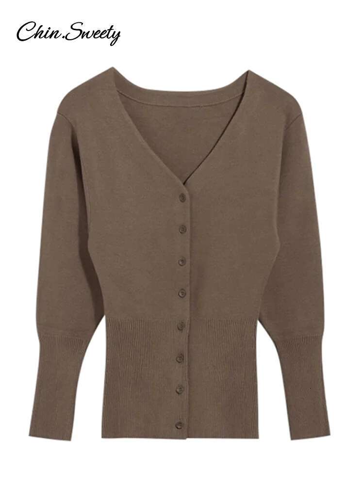 Vintage Women Knit Cardigans Solid V-Neck Long Sleeve Slim Button Sweater Female Fashion Autumn Winter Lady Knitwear New