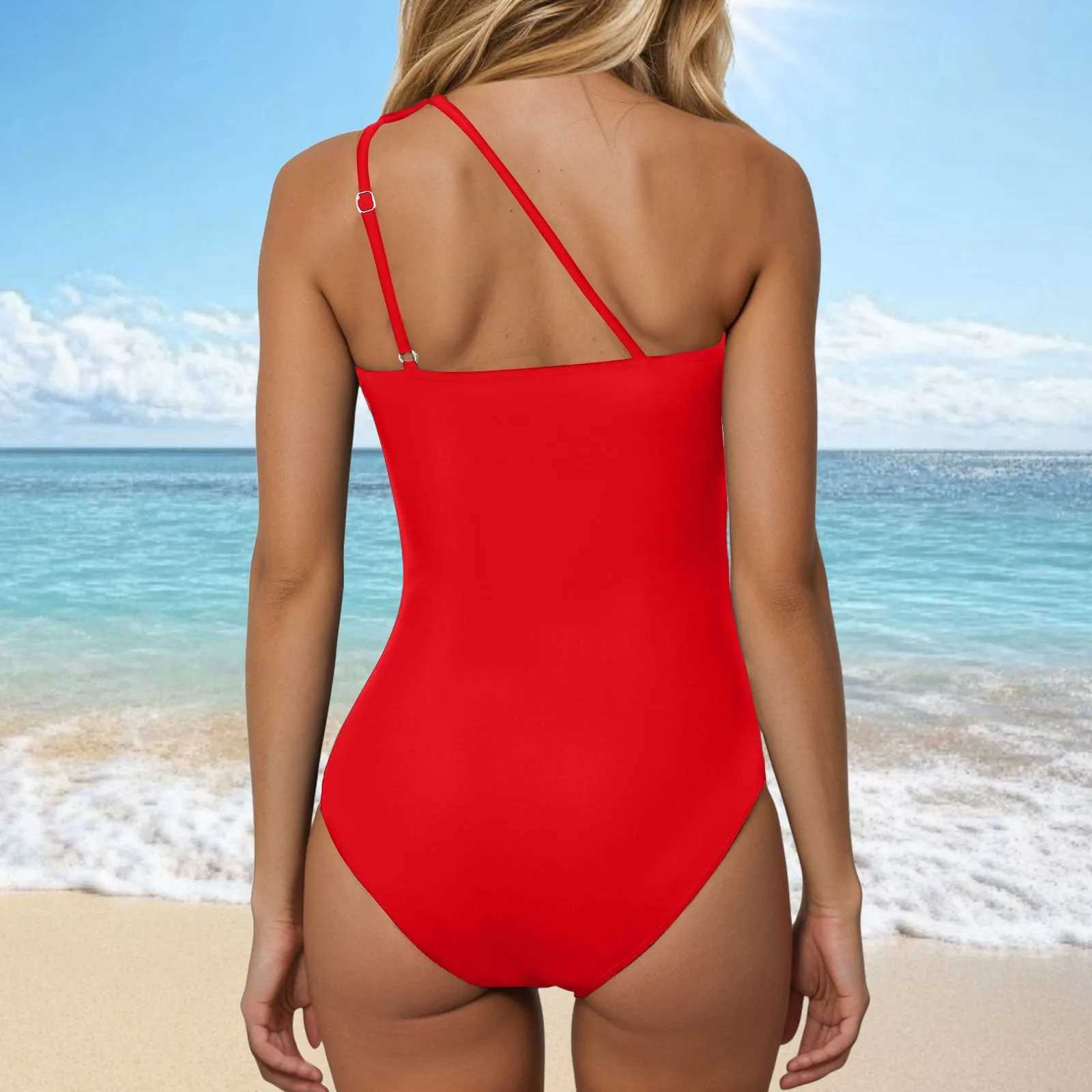 Womens One-Piece Swimsuit Slanted Shoulders Hollowed Out Asymmetric Conservative Full Coverage Tankini Swimwear Tummy ControlXJ250315