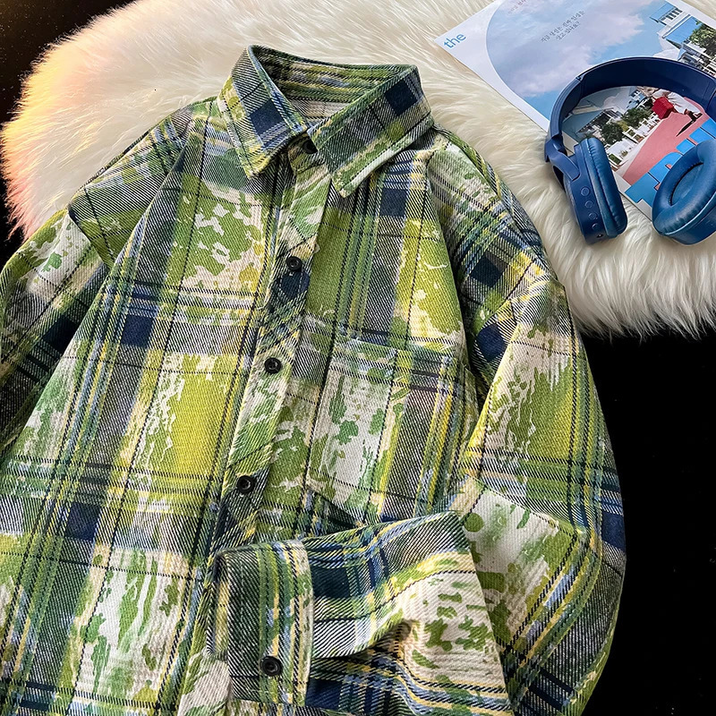 Korean style ink splatter plain weave shirt retro tie dye outdoor shirt autumn unisex mens long sleeved shirt 250314