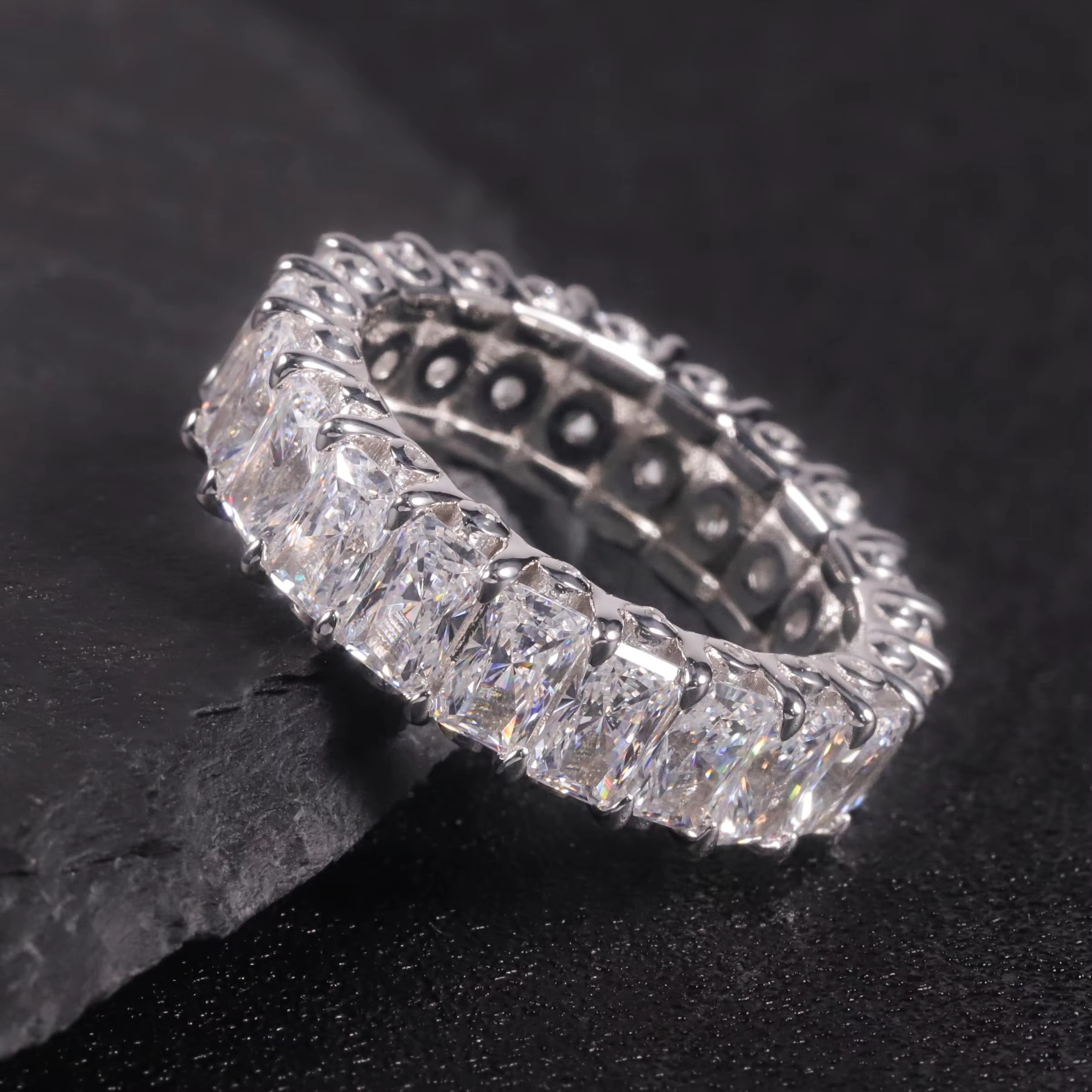 OL1422 Abiding Fine Jewelry Radiant Cut 3x5MM Moissanite Diamond 925 Sterling Silver Engagement Eternity Band Ring